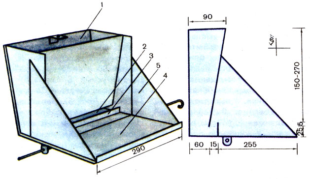 Бункерная кормушка для гранулированных кормов, мм: 1-бункер; 2-лоток; 3-ограничительная планка; 4- поддон; 5- щека