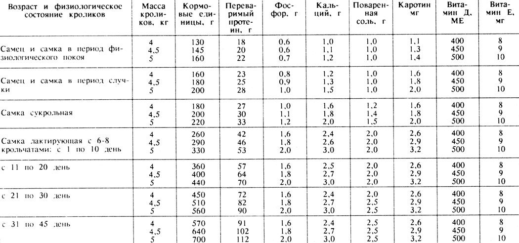 Таблица 1 Суточные нормы кормления кроликов во взрослом состоянии массой 4, 4,5 и 5 кг при интенсивном типе кормления (на одну голову)