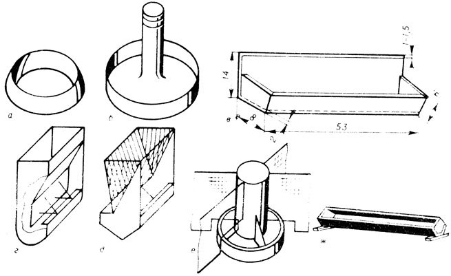 Рис. 6 Типы кормушек: а - глиняная; б - с вертикальным штырем; в - деревянная откидная; г - бункерная самокормушка; д - универсальная; е - цилиндрическая бункерная самокормушка; ж - деревянная для выгулов