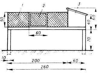 Рис. 11 Схема клетки для нутрий с сетчатым выгулом и деревянным домиком