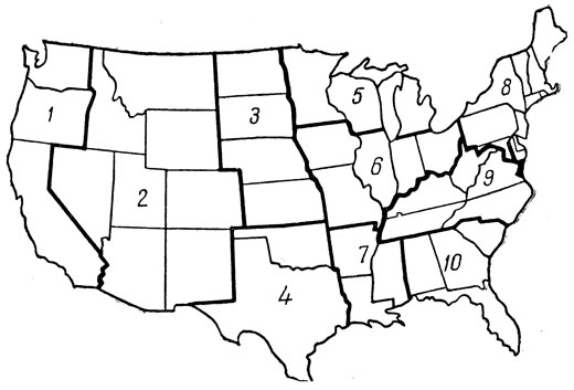 Рис. 2. Сельскохозяйственные районы США: 1 - Тихоокеанский; 2 - Горный; 3 - Северные равнины; 4 - Южные равнины; 5 - Озерные штаты; 6 - Кукурузный пояс; 7 - штаты дельты р. Миссисипи, 8 - Северо-Восток; 9 - Аппалачский; 10 - Юго-Восток