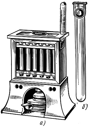 Рис. 88. Редуктазный аппарат: а - водяная баня с термометром, б - пробирка