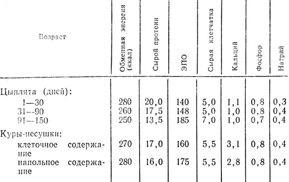 Таблица 6. Нормы обменной энергии корма, сырого протеина и минеральных веществ для молодняка и кур яичного направления (г на 100 г сухого комбикорма)