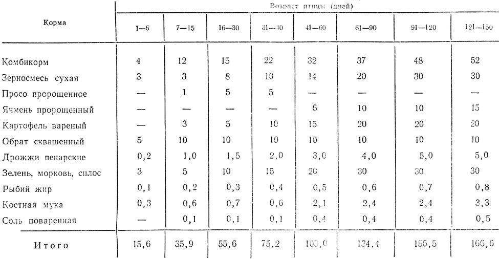 Таблица 12. Примерный рацион для молодняка яичных пород при комбинированном типе кормления (г на голову в сутки)