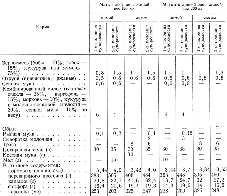 Таблица 16. Примерные суточные рационы для супоросных маток (в кг)