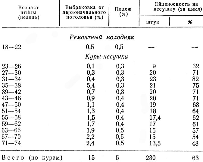 Показатели выбраковки и яйценоскость кур промышленного стада по 4-недельным циклам жизни (порода леггорн)