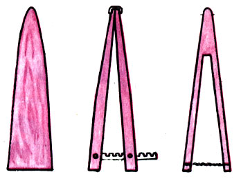 Рис. 10. Правилки (слева направо): клинообразная - из хорошо обструганных досок с закругленными краями, раздвоенная - из двух подвижных планок с приспособлением для регулировки ширины, вильчатая - из двух неподвижных планок